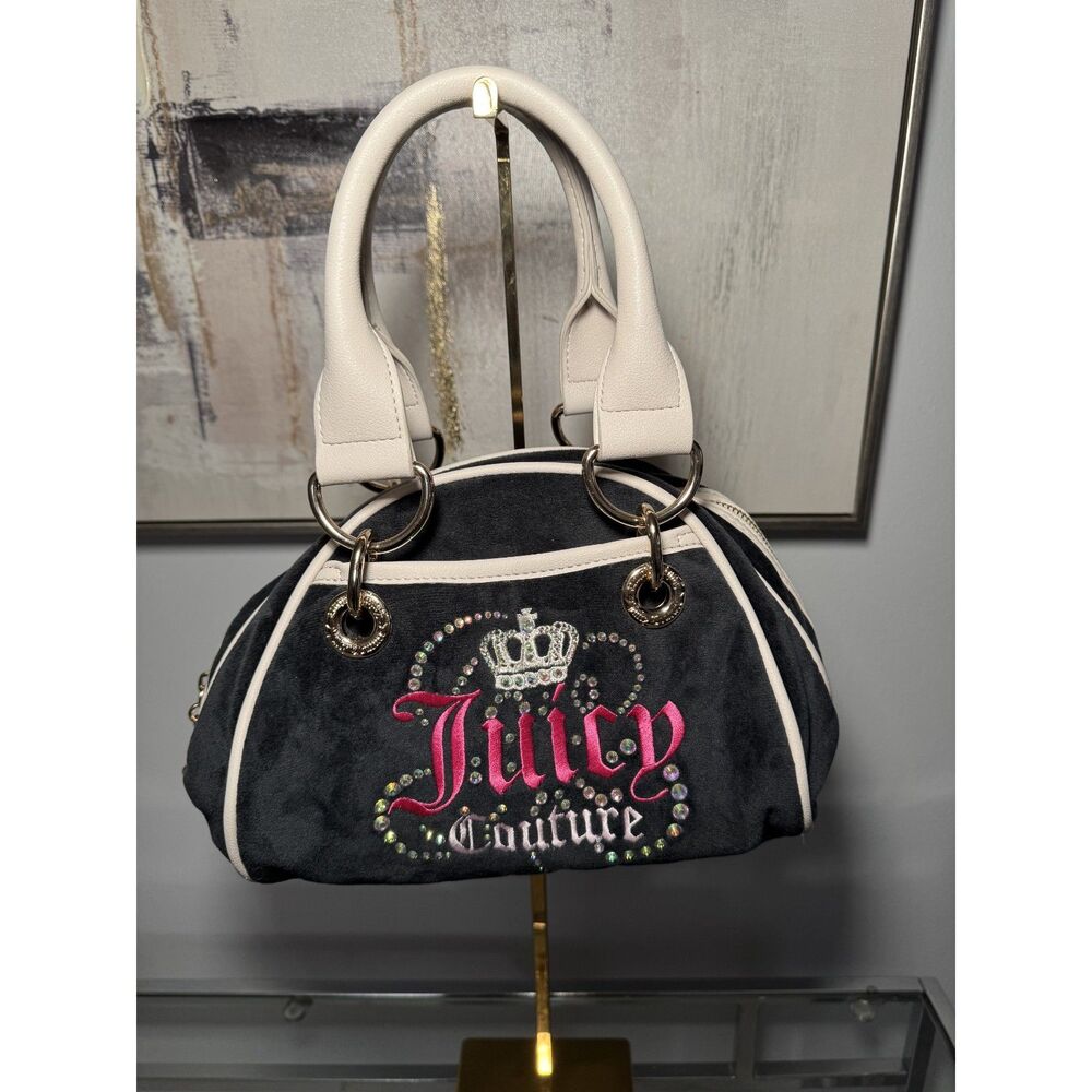 Juicy Couture Navy Velour Satchel – Rhinestone Logo & Matching Pouch